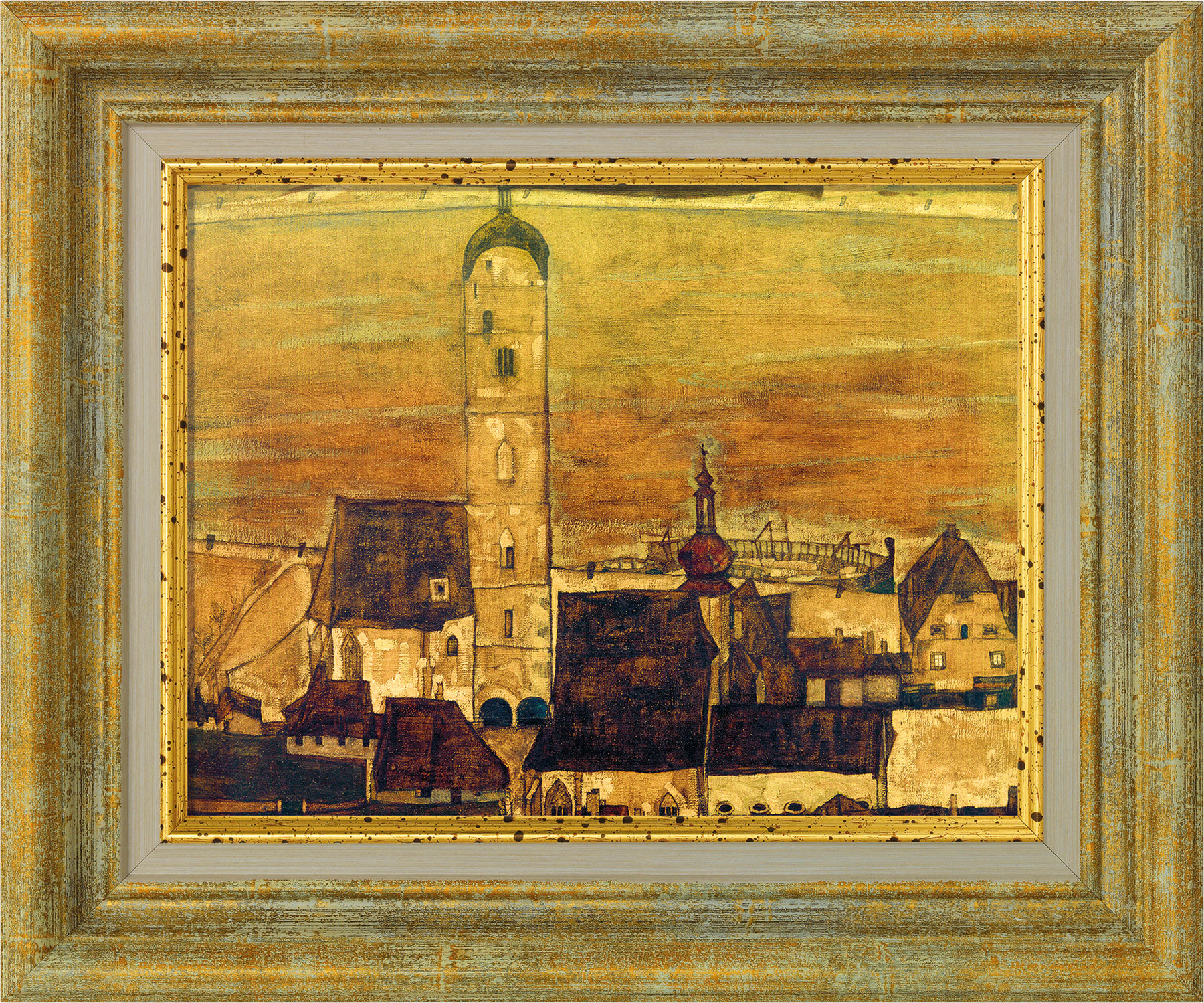Bild "Stadt Stein" (1913), gerahmt von Egon Schiele