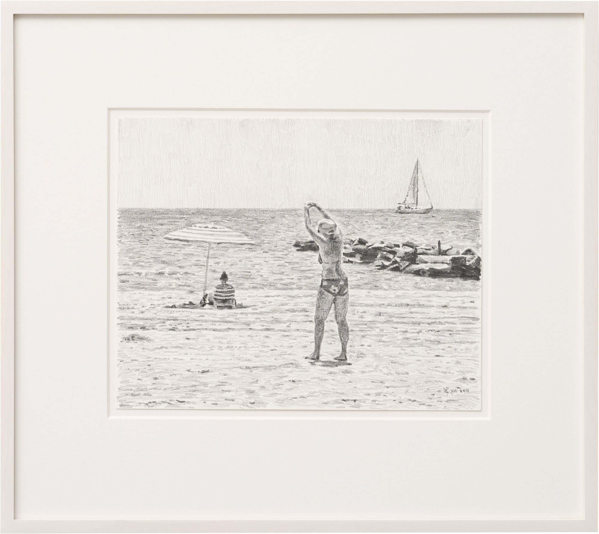 Dan Bina: Bild ‚Brighton Beach: Woman Stretching‘ (2023) (Unikat)