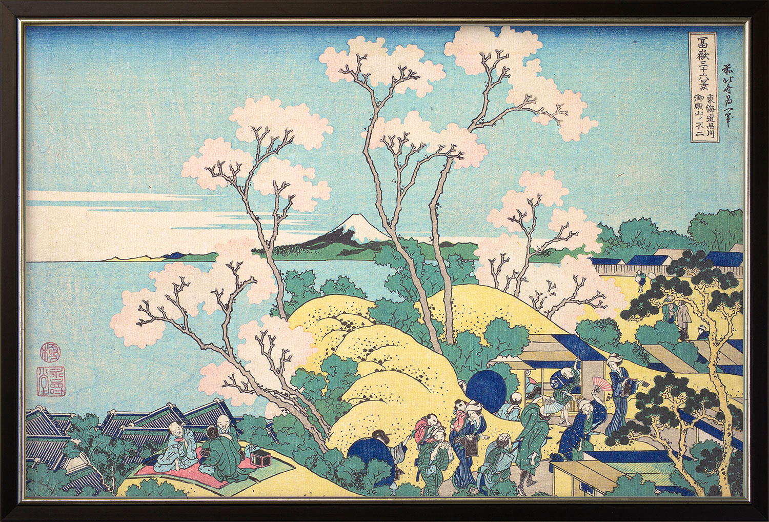 Bild "Der Fuji von Gotenyama in Shinangawa von der Handelsstraße Tokaido aus" (um 1830-32), gerahmt von Katsushika Hokusai