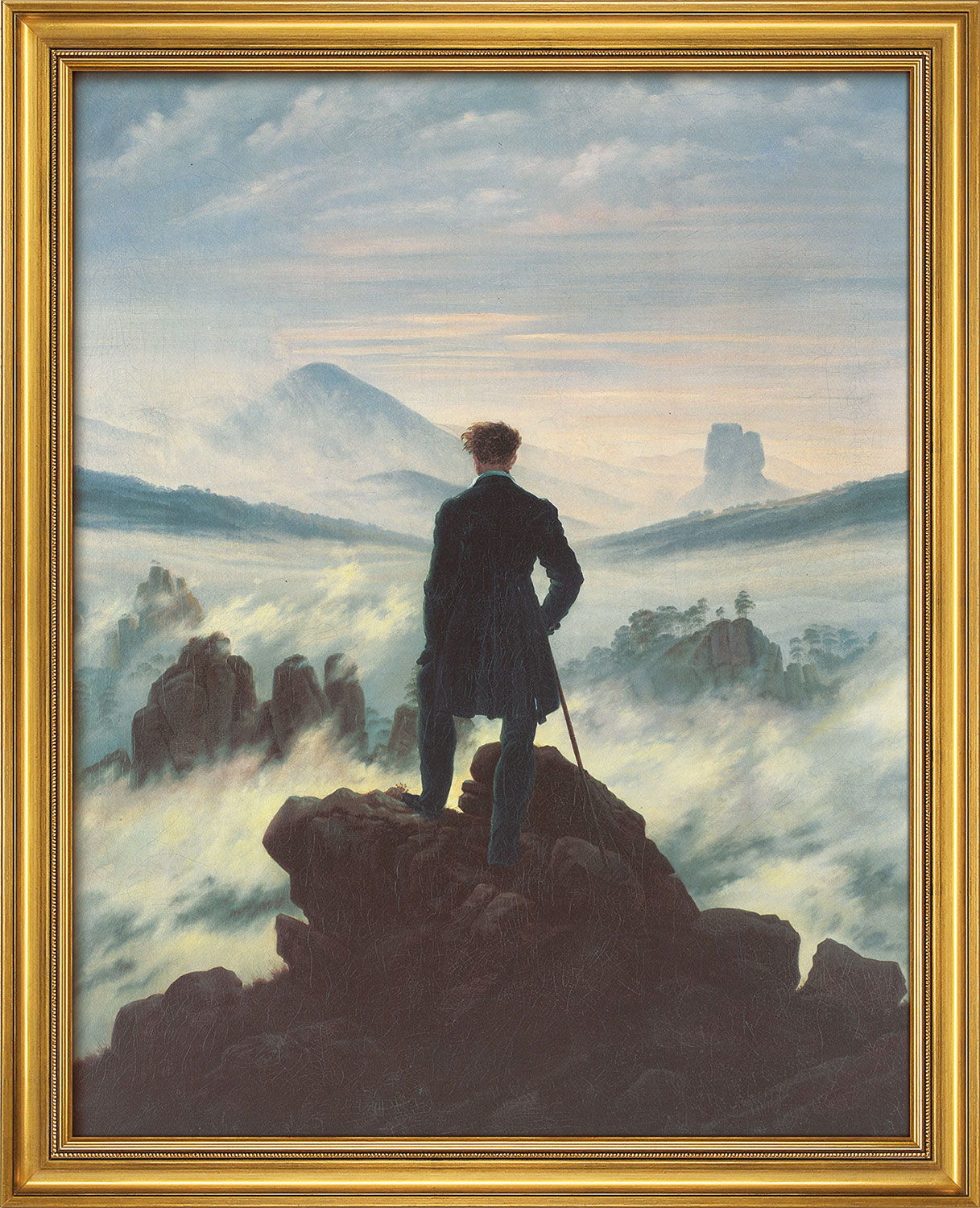 Bild "Der Wanderer über dem Nebelmeer" (1818), gerahmt von Caspar David Friedrich