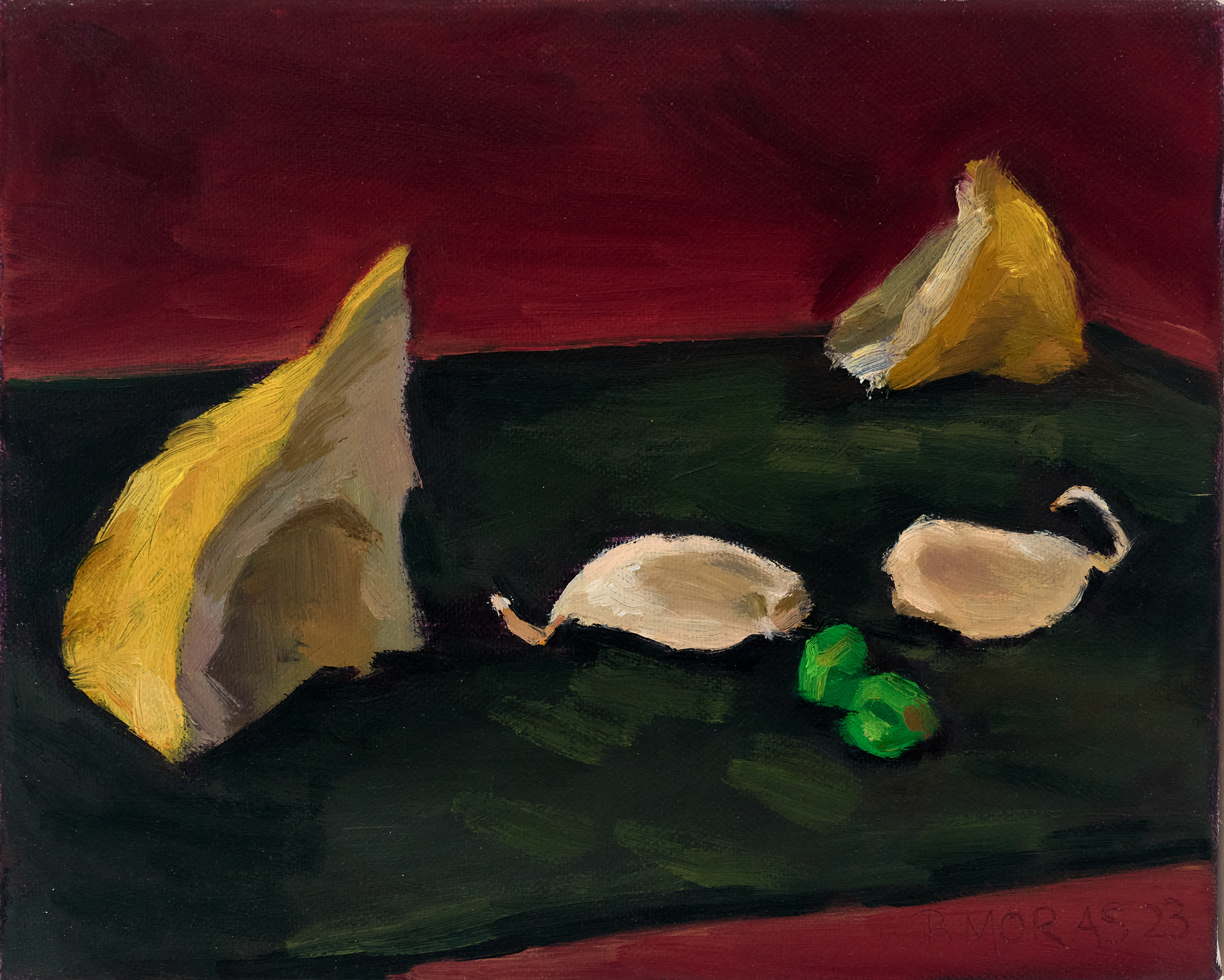 Bettina Moras: Bild ‚Zitrone mit Knoblauch und Erbse‘ (2023) (Unikat)