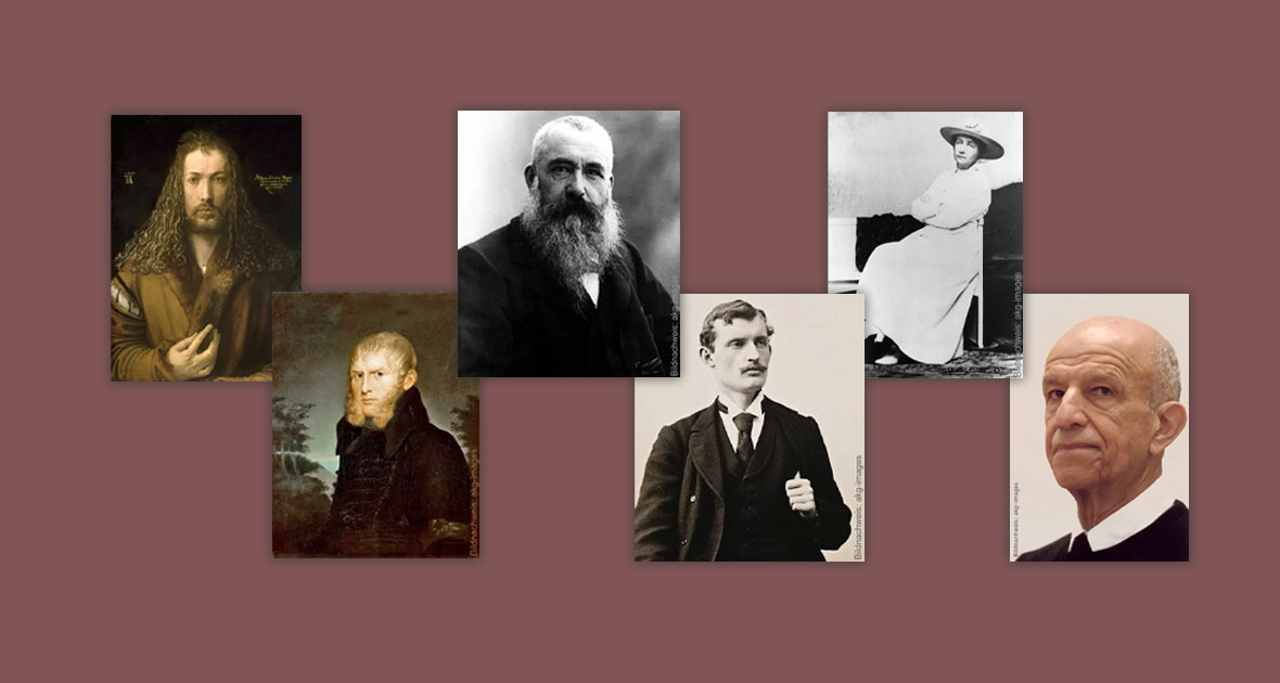 Famous landscape painters - portrait of Dürer, Friedrich, Monet, Munch, Münter, Katz Famous landscape painters - portrait of Dürer, Friedrich, Monet, Munch, Münter, Katz