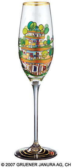 (699A) Sektglas "Die Häuser hängen unter den Wiesen" von Friedensreich Hundertwasser