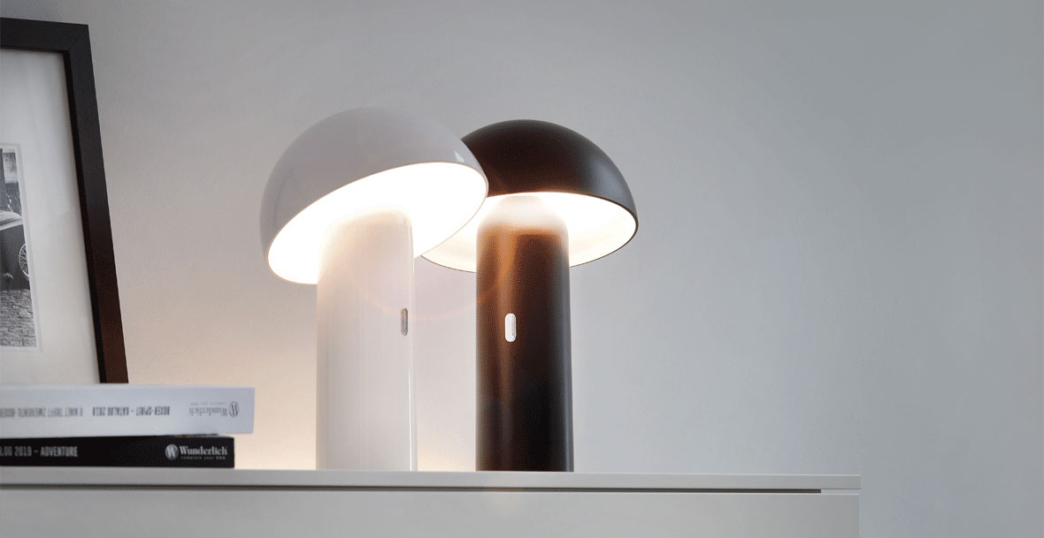 Designer Tischleuchten dekoriert in einem Regal im Wohnzimmer.