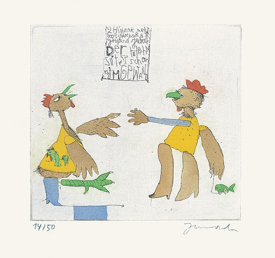 Picture "Two New Guileless Chickens", framed by Janosch