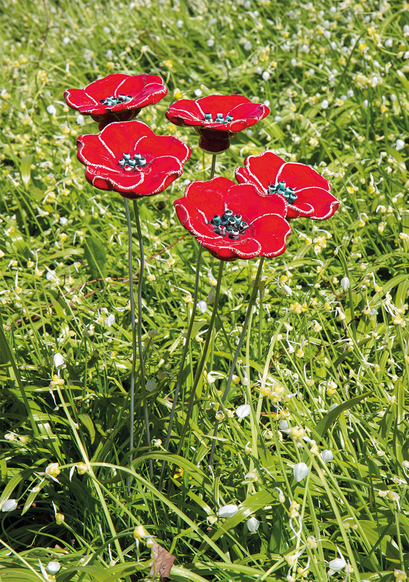 Lot De 3 Piquets De Jardin En Céramique Coquelicots Rouges - 30 Cm - Décoration Florale Extérieure