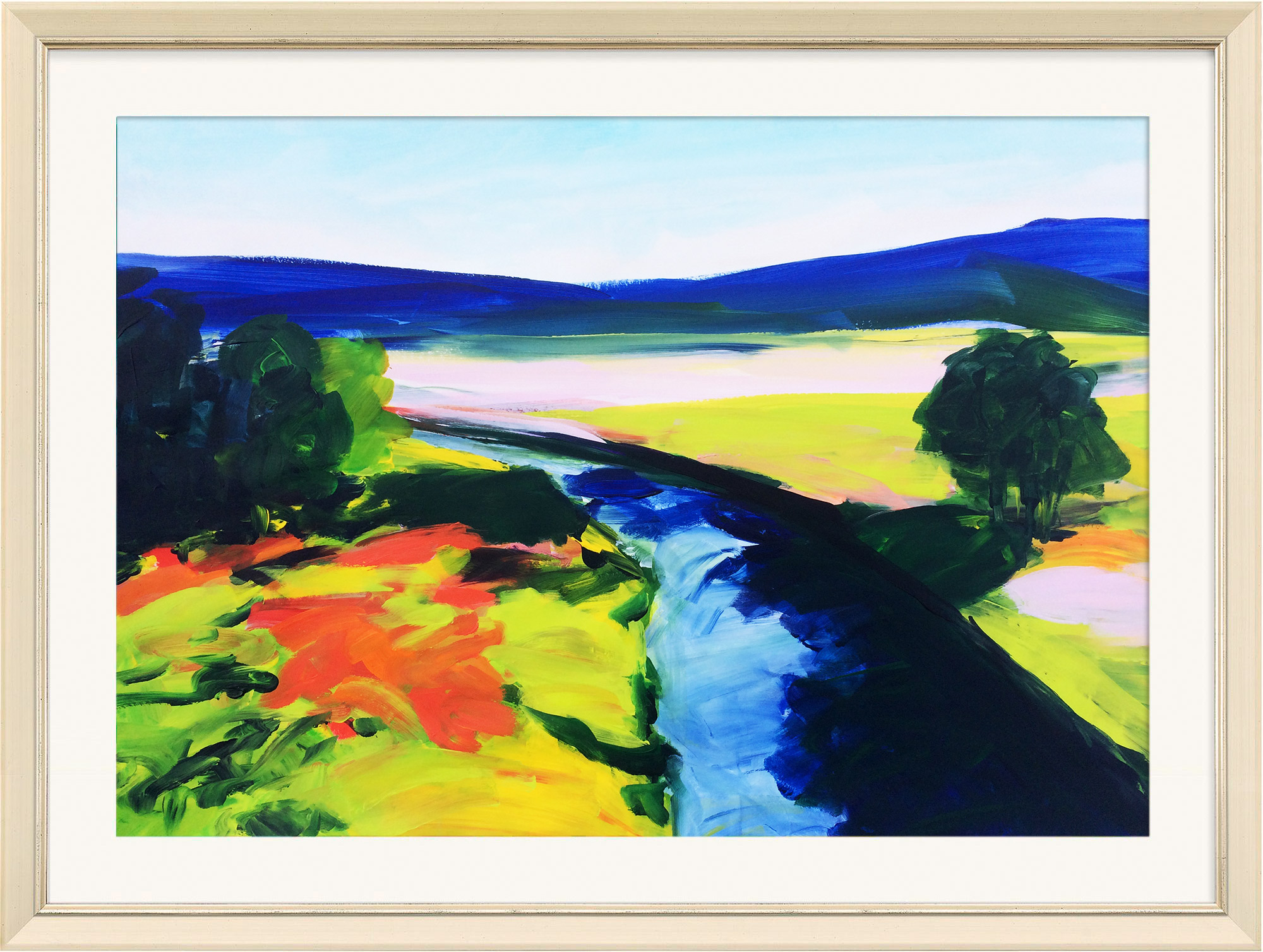 Roswitha Schumacher-Kuckelkorn: Bild ‚Landschaft mit Fluss‘ (2022) (Unikat)