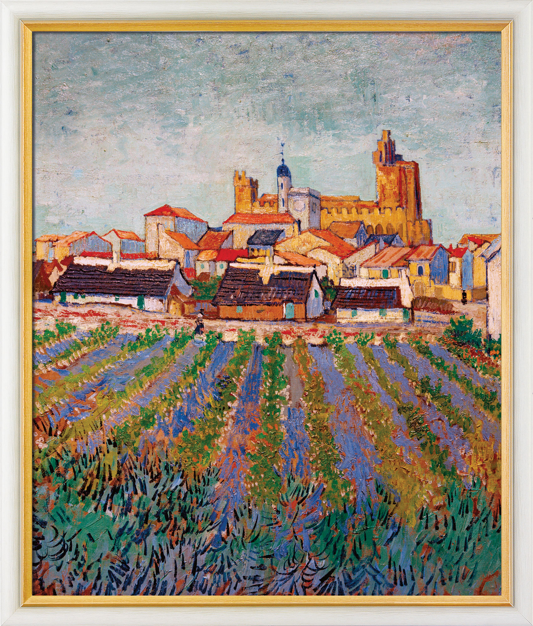 Bild "Blick auf Saintes-Maries-de-la-Mer" (1888), gerahmt von Vincent van Gogh