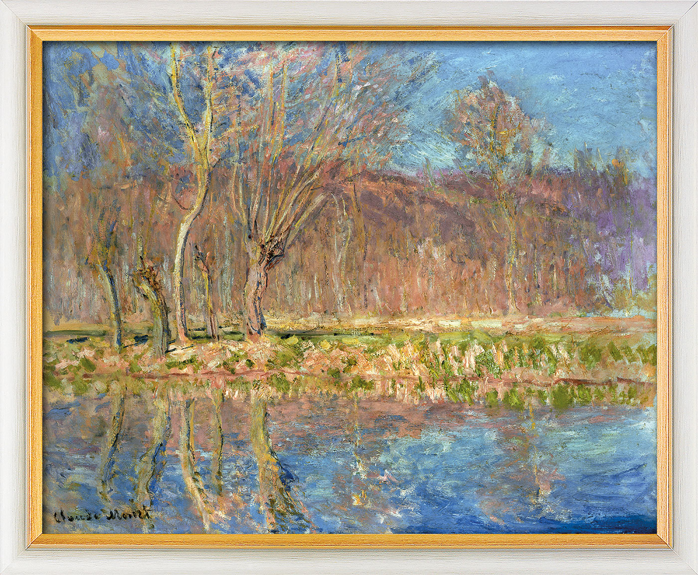 Bild "Bäume am Ufer, Frühling in Giverny" (1885), gerahmt von Claude
