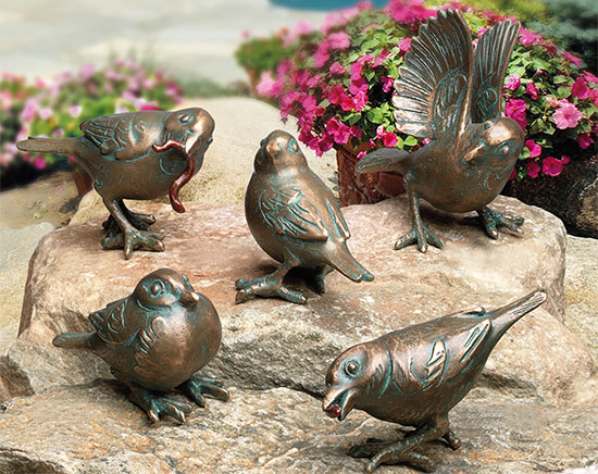 5 Gartenskulpturen "Spatzen" im Set, Bronze