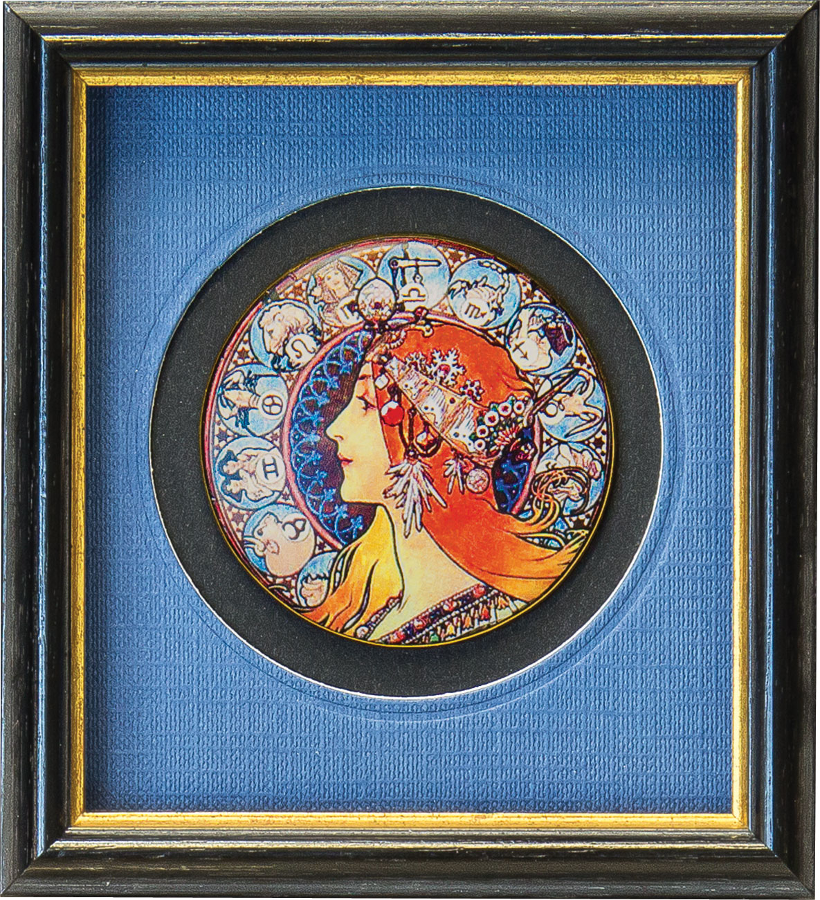 Miniature porcelain picture "Zodiac", framed by Alphonse Mucha
