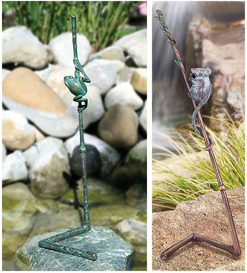 Set of 2 garden sculptures "Stalk with Frog / Stalk with Mouse", bronze