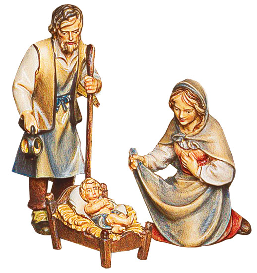 Krippenfiguren "Heilige Familie: Maria, Josef und das Christuskind", Holz handbemalt