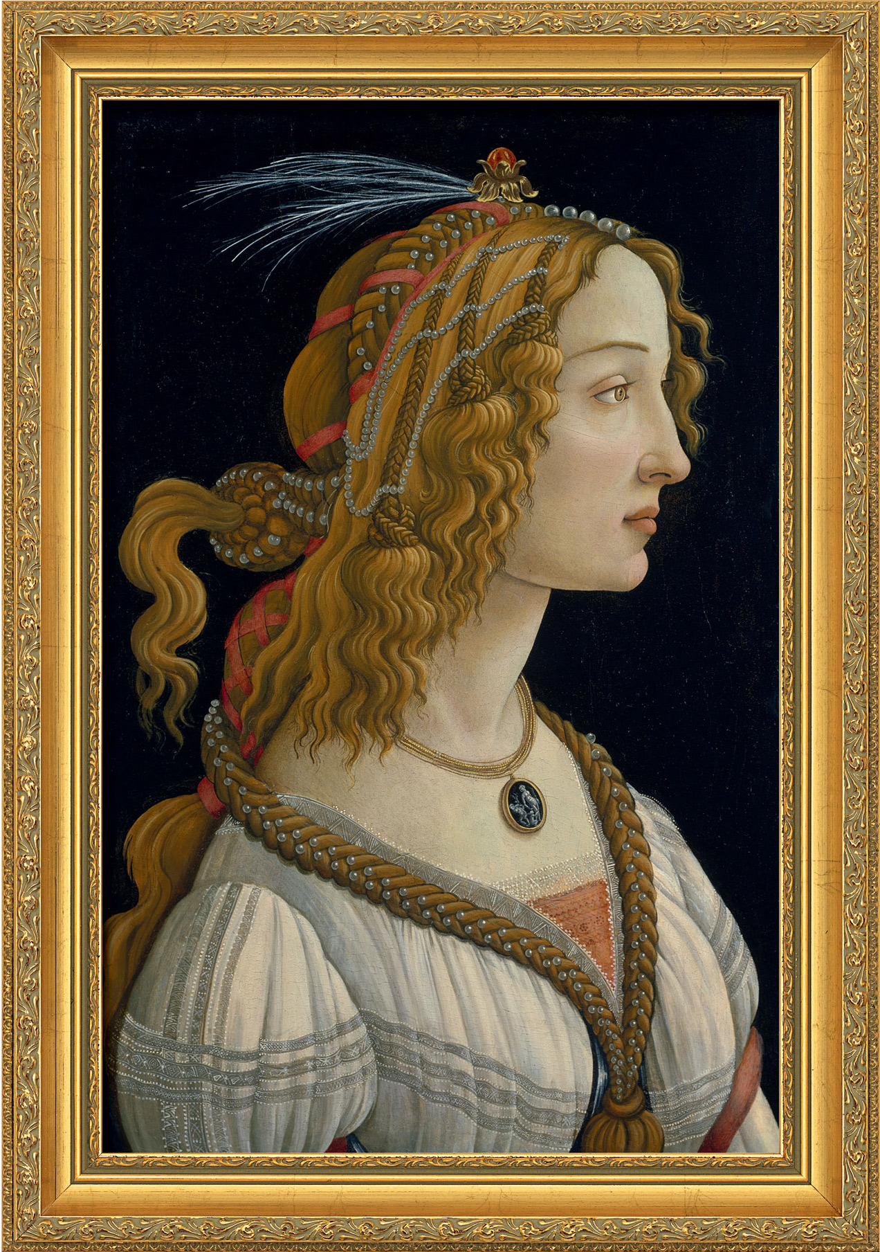Bild "Weibliches Idealbildnis" (ca. 1480), gerahmt von Sandro Botticelli
