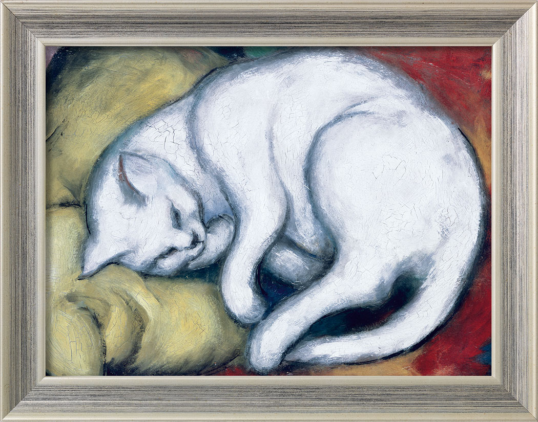 Bild "Die weiße Katze" (Kater auf gelbem Kissen) (1912), gerahmt von Franz Marc
