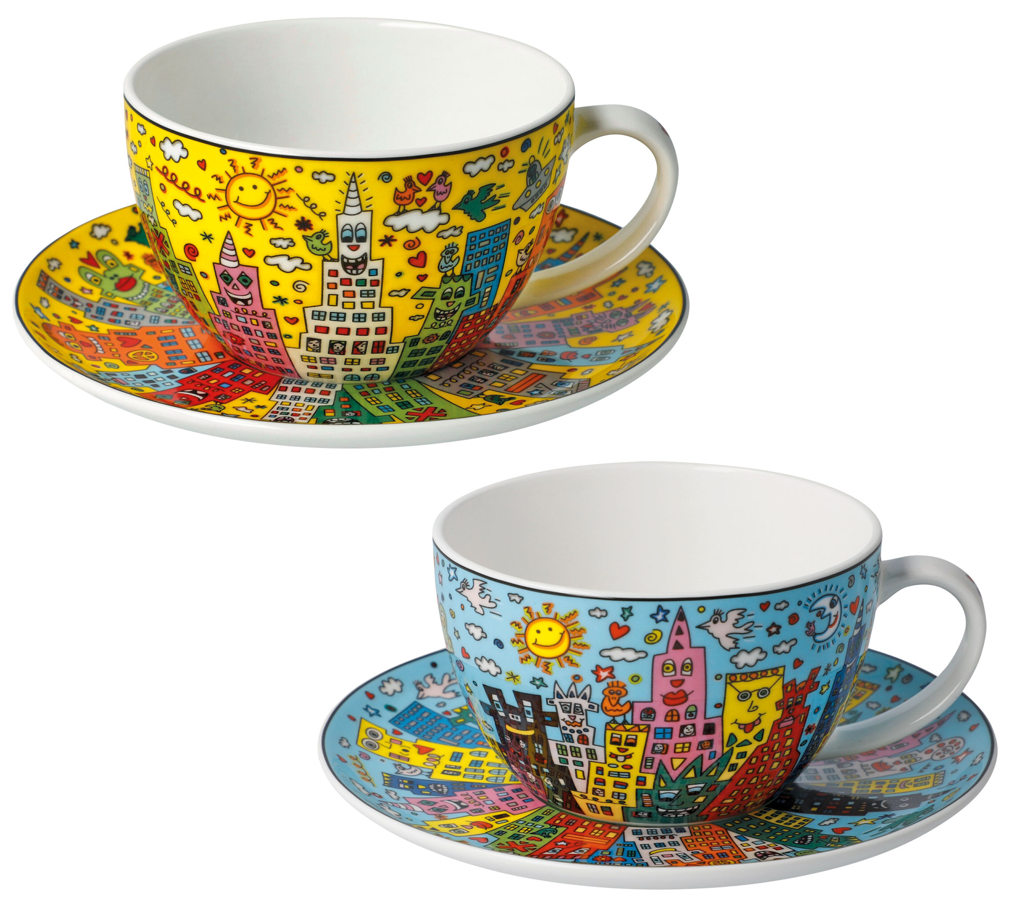 Set of 2 cappuccino cups with artist motifs, porcelain by James Rizzi