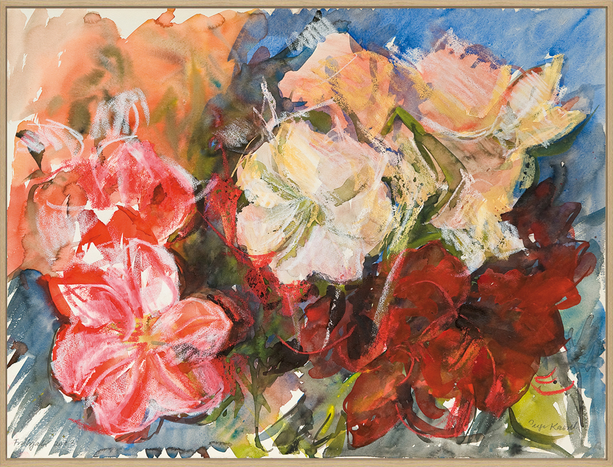 Inge Karsch: Bild ‚Amaryllen Weiß-Rot-Rosa‘ (2003) (Unikat)