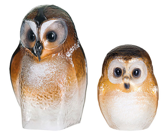 Set of 2 glass objects "Owl Brown" by Mats Jonasson