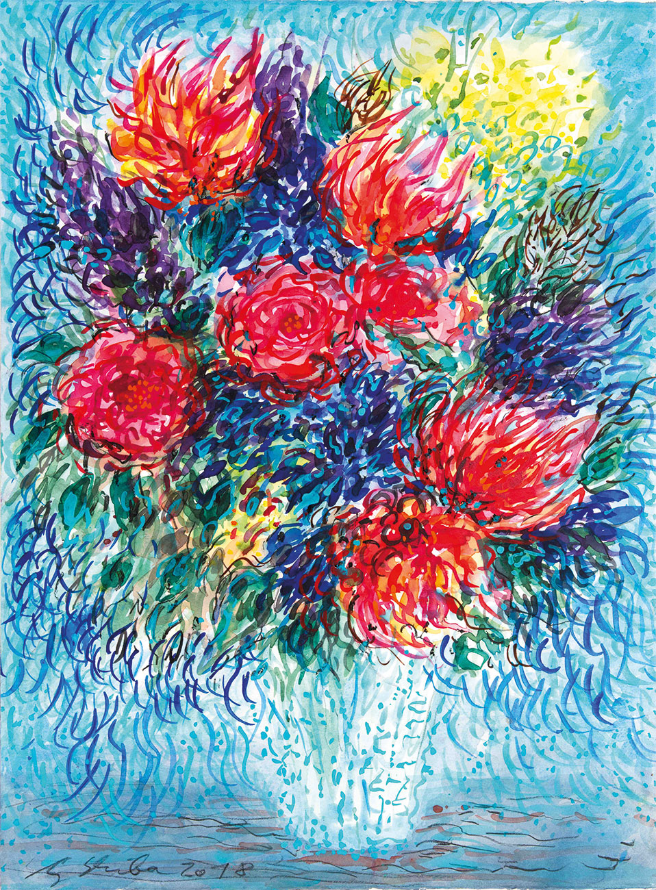 Bild "Blumenstrauß in Kristallvase" (2018-2021) (Original / Unikat), ungerahmt von Ansgar Skiba