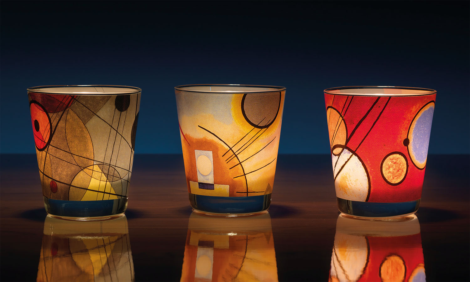 3 glass lanterns with artist motifs in a set by Wassily Kandinsky
