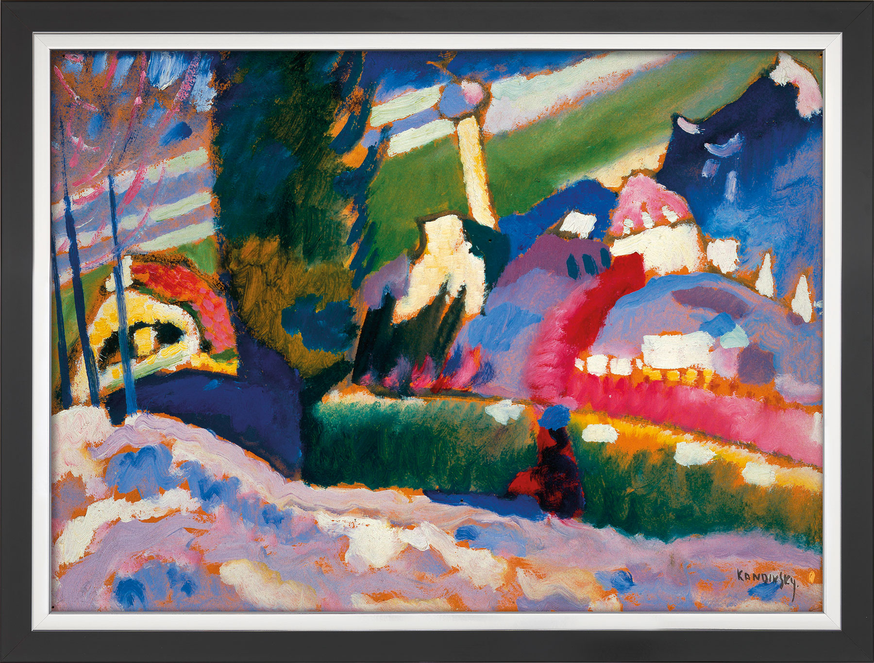 Bild "Winterlandschaft mit Kirche" (1910-1911), Version schwarz-silberfarben gerahmt von Wassily Kandinsky