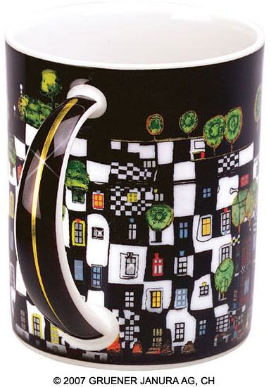 Magic mug "ArtHouseVienna", porcelain by Friedensreich Hundertwasser
