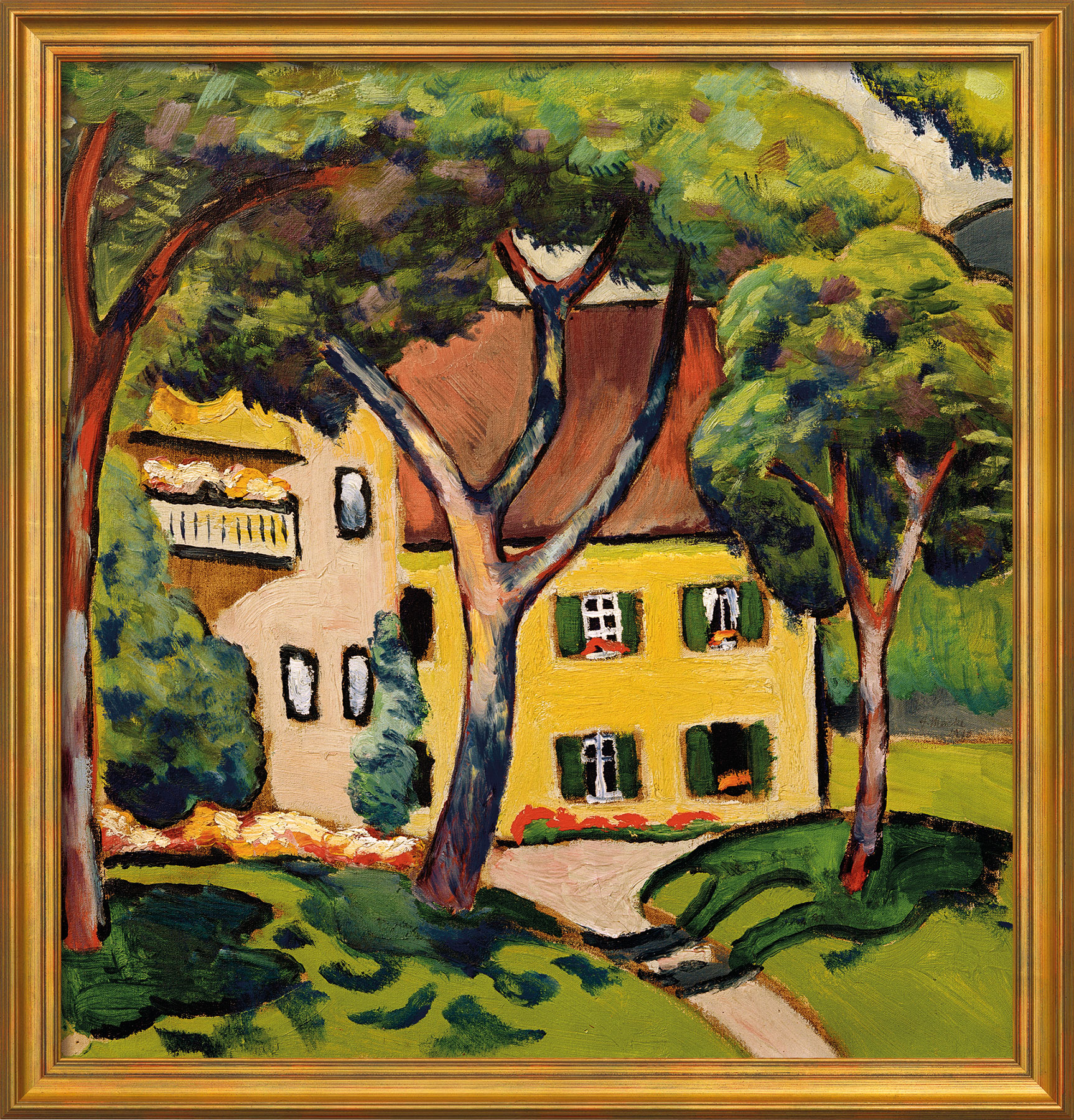 Picture "Staudacher's House at the Tegernsee" (1910), golden framed version by August Macke