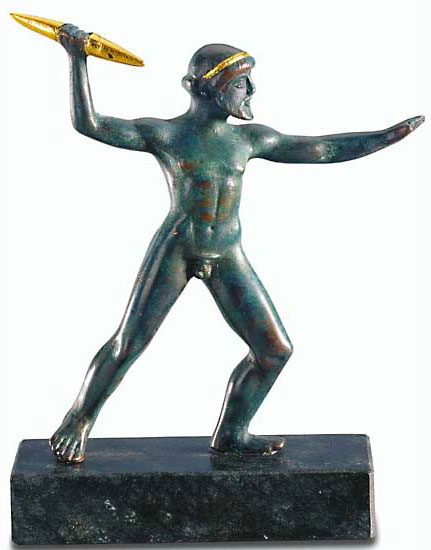 Skulptur "Zeus als Blitzschleuderer", Metallguss teilvergoldet