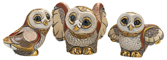 Set of 3 ceramic figurines "Barn Owl Family"