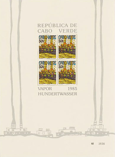 Bild "Vapor - Der Dampfer von Kap Verde". Sonderausgabe mit 4 Briefmarken à 50 Escudos, blau von Friedensreich Hundertwasser