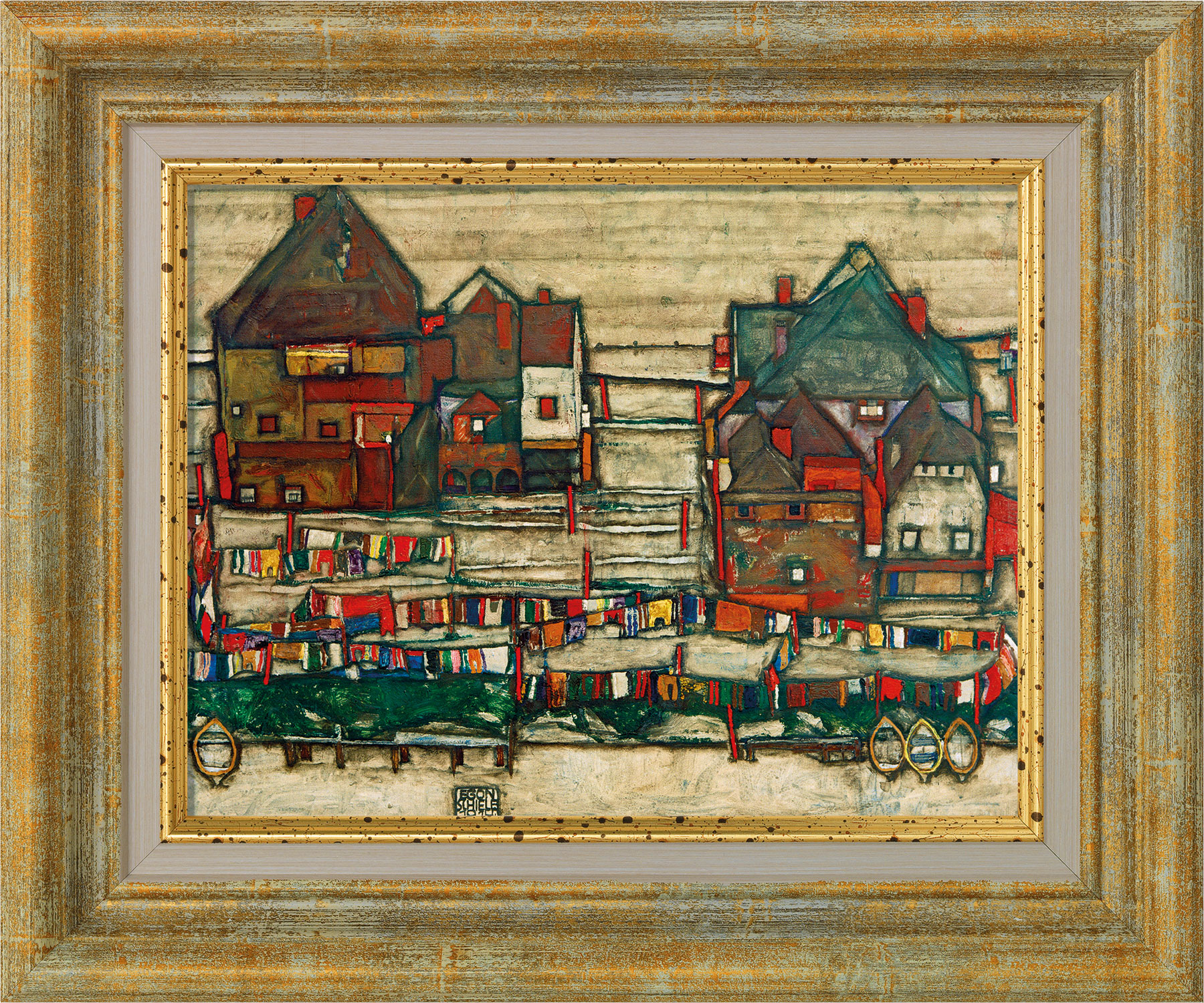Bild "Häuser mit bunter Wäsche (Vorstadt II)" (1914), gerahmt von Egon Schiele