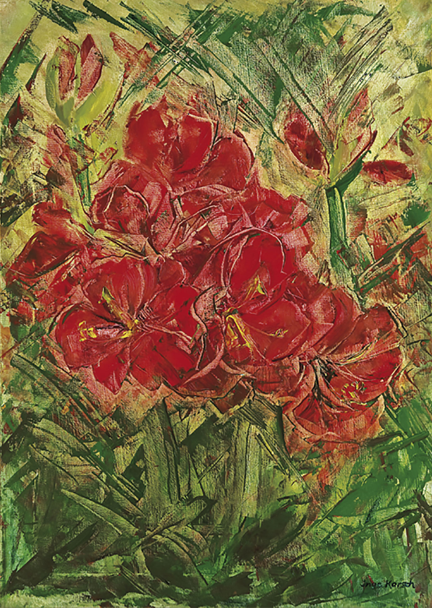 Inge Karsch: Bild ‚Amaryllen in wucherndem Grün‘ (2000) (Unikat)