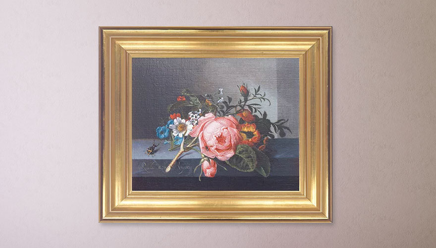 Rachel Ruysch: Picture "Rose Branch with Beetle and Bee", framed 