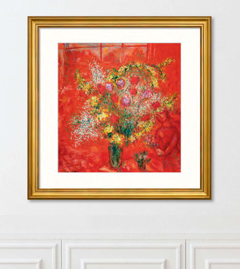 Picture "Fleurs sur fond rouge" (1970), framed by Marc Chagall