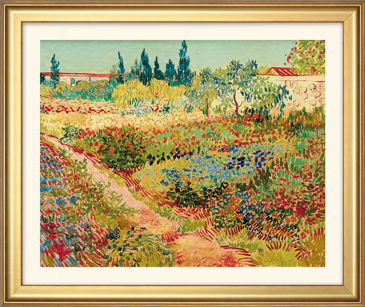 Bild "Blühender Garten mit Pfad" (1888), gerahmt von Vincent van Gogh