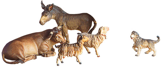 Krippenfiguren "Ochse, Esel, Schaf, Ziege und Hund", Holz handbemalt