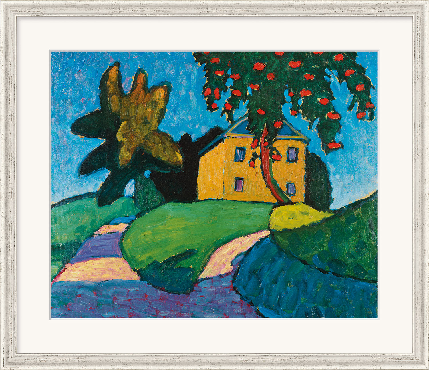 Bild "Gelbes Haus mit Apfelbaum" (um 1910), gerahmt von