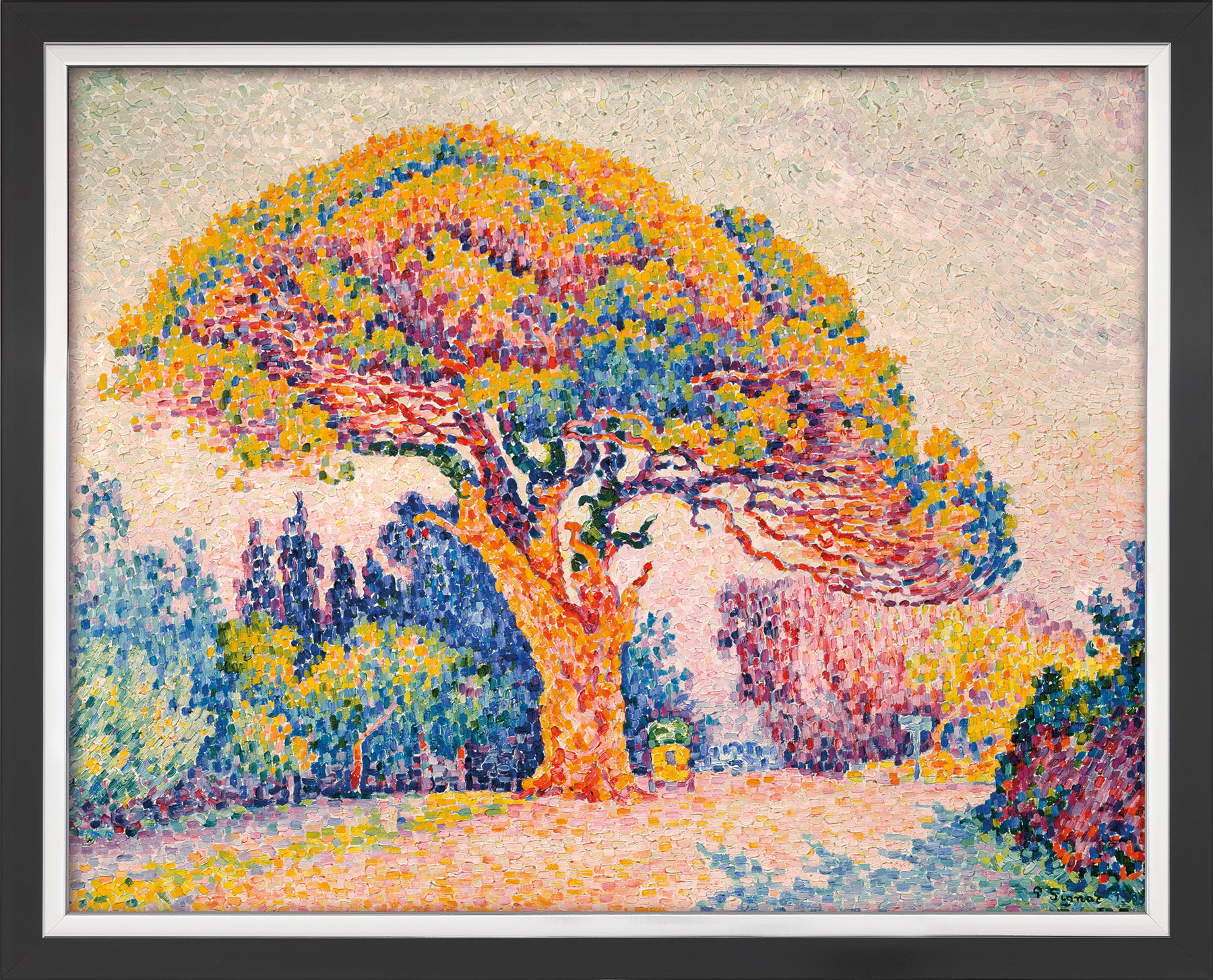 Picture "The Pine Tree of Bertaud (at Saint-Tropez)" (1909), black and silver framed version by Paul Signac