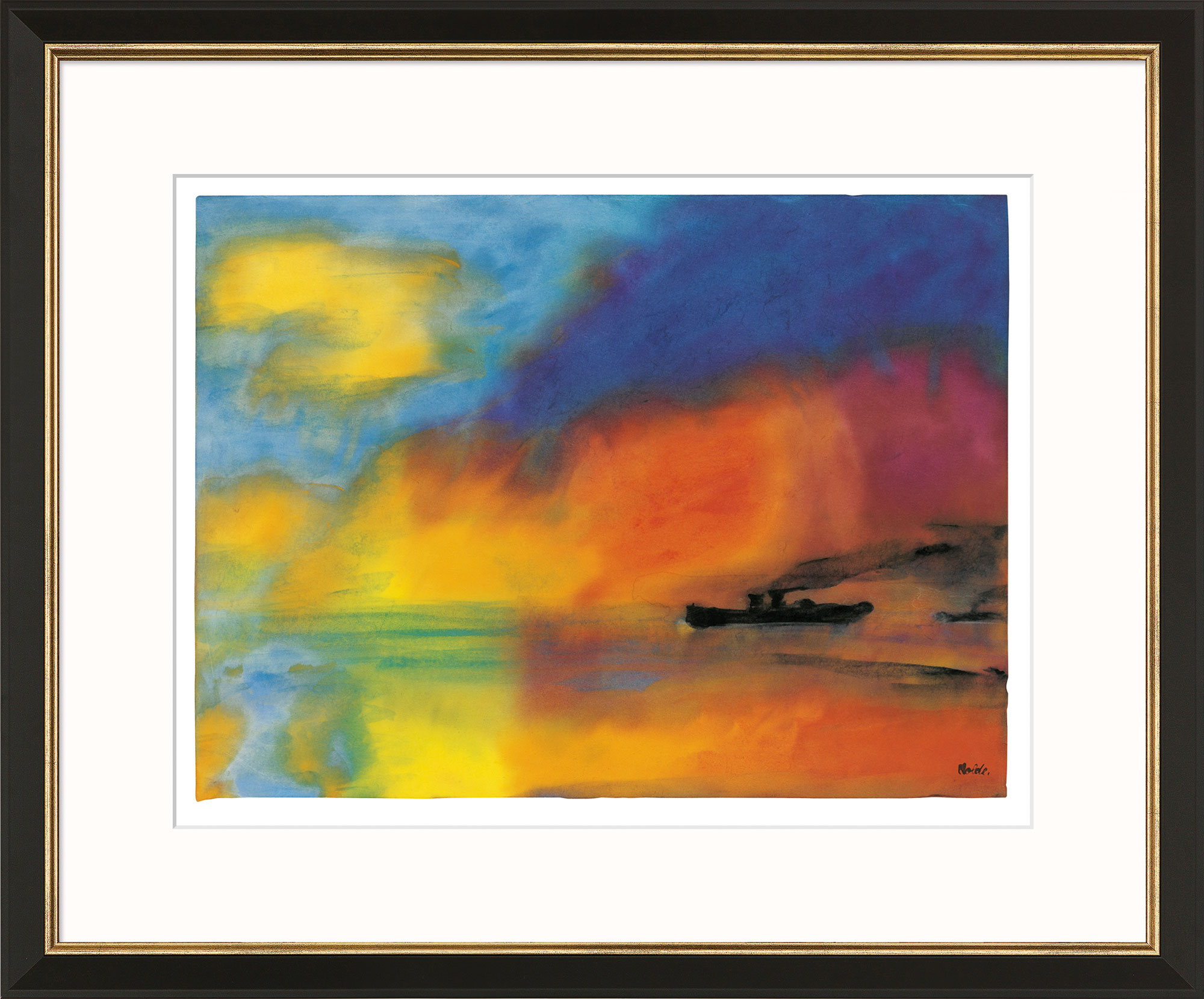 Picture "Sea with Two Small Steamships (red, blue and green)", black and golden framed version by Emil Nolde