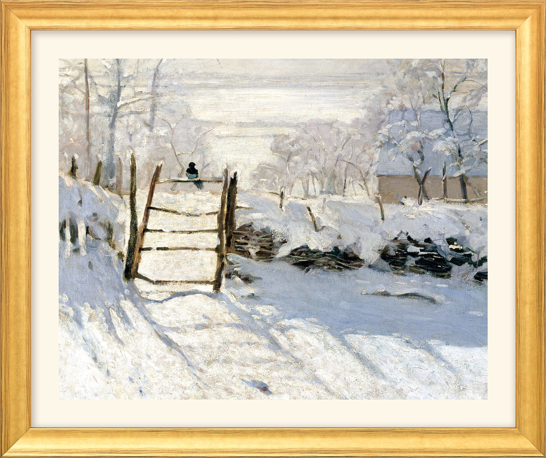 Bild "Die Elster" (1868/69), Version goldfarben gerahmt von Claude Monet