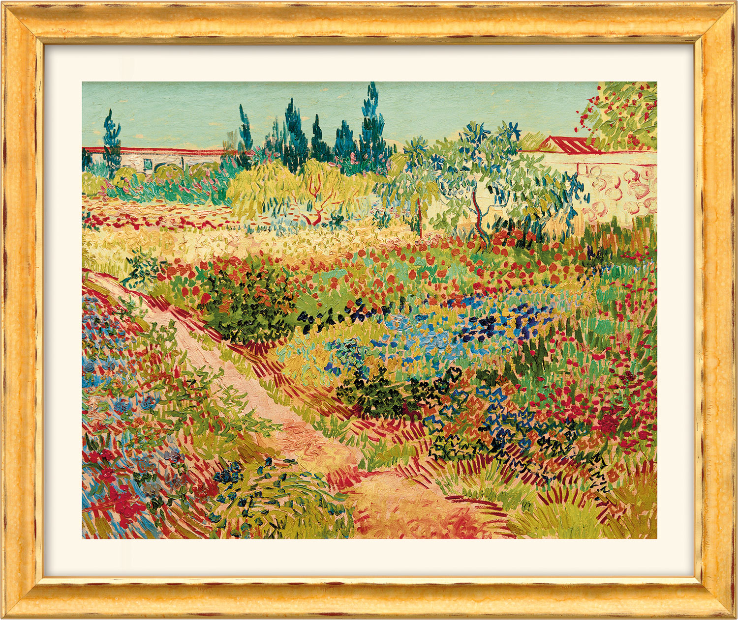 Bild "Blühender Garten mit Pfad" (1888), gerahmt