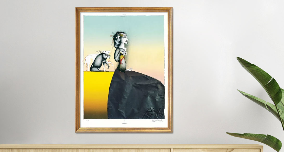 Phantastischer Realismus - ein Bild mit dem Titel 'Schöne Dame gut bewacht' von Paul Wunderlich Phantastischer Realismus - ein Bild mit dem Titel 'Schöne Dame gut bewacht' von Paul Wunderlich