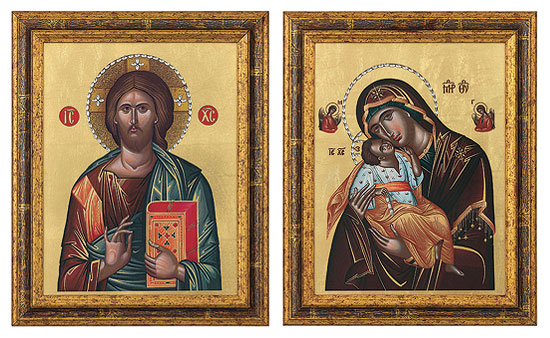 2 Bilder "Christus Pantokrator" + "Madonna Glikofilussa" im Set, gerahmt