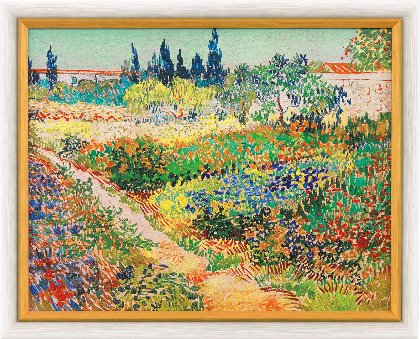 Bild "Blühender Garten mit Pfad" (1888), gerahmt von Vincent van Gogh