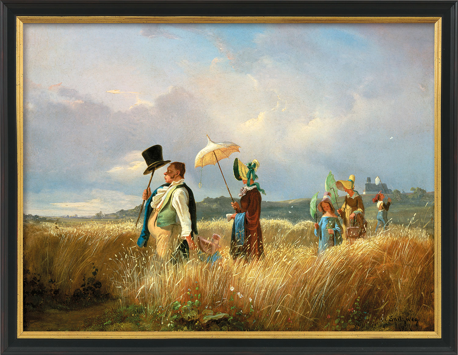Bild "Der Sonntagsspaziergang" (1841), Version schwarz-goldfarben gerahmt von Carl Spitzweg
