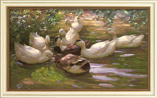 Picture "Duck Colony under Birch Branches", framed by Alexander Koester