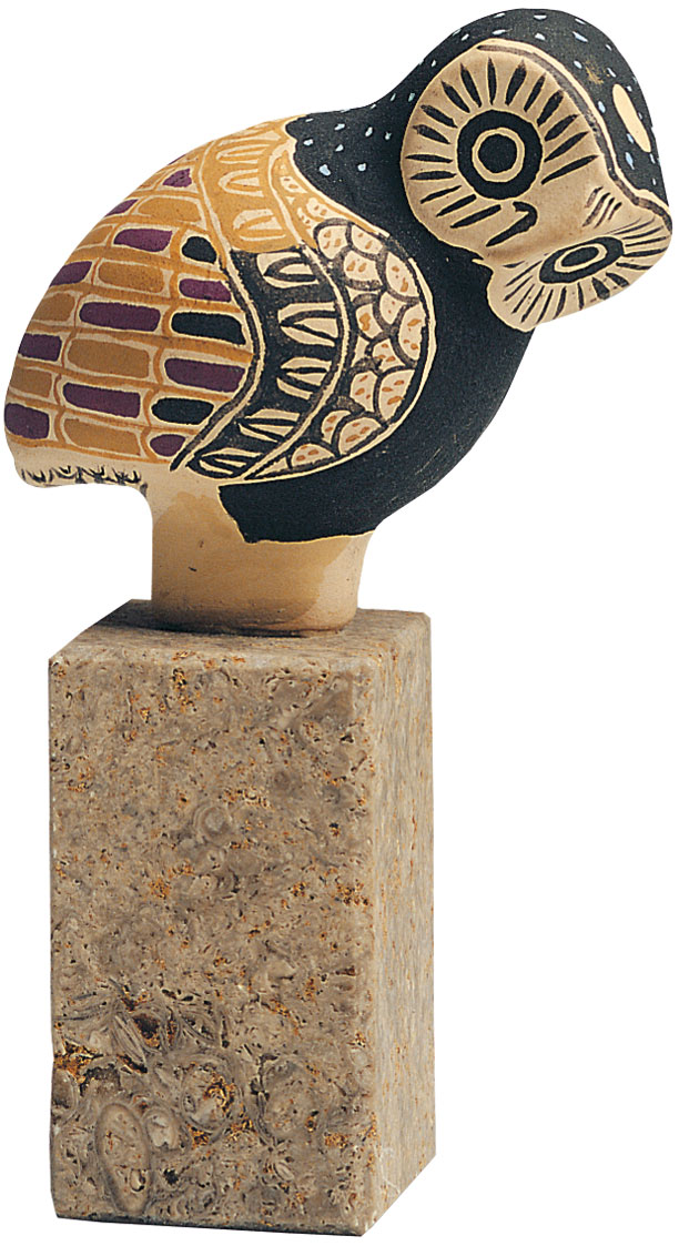 Skulptur ‚Griechische Eule‘ auf Steinsockel, handbemalt