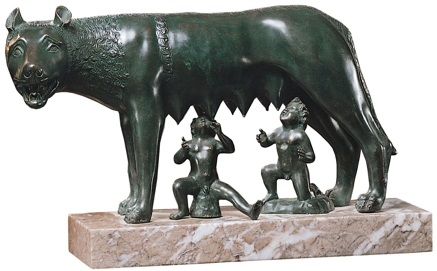 Skulptur ‚Kapitolinische Wölfin mit Romulus und Remus‘, Version in Kunstbronze