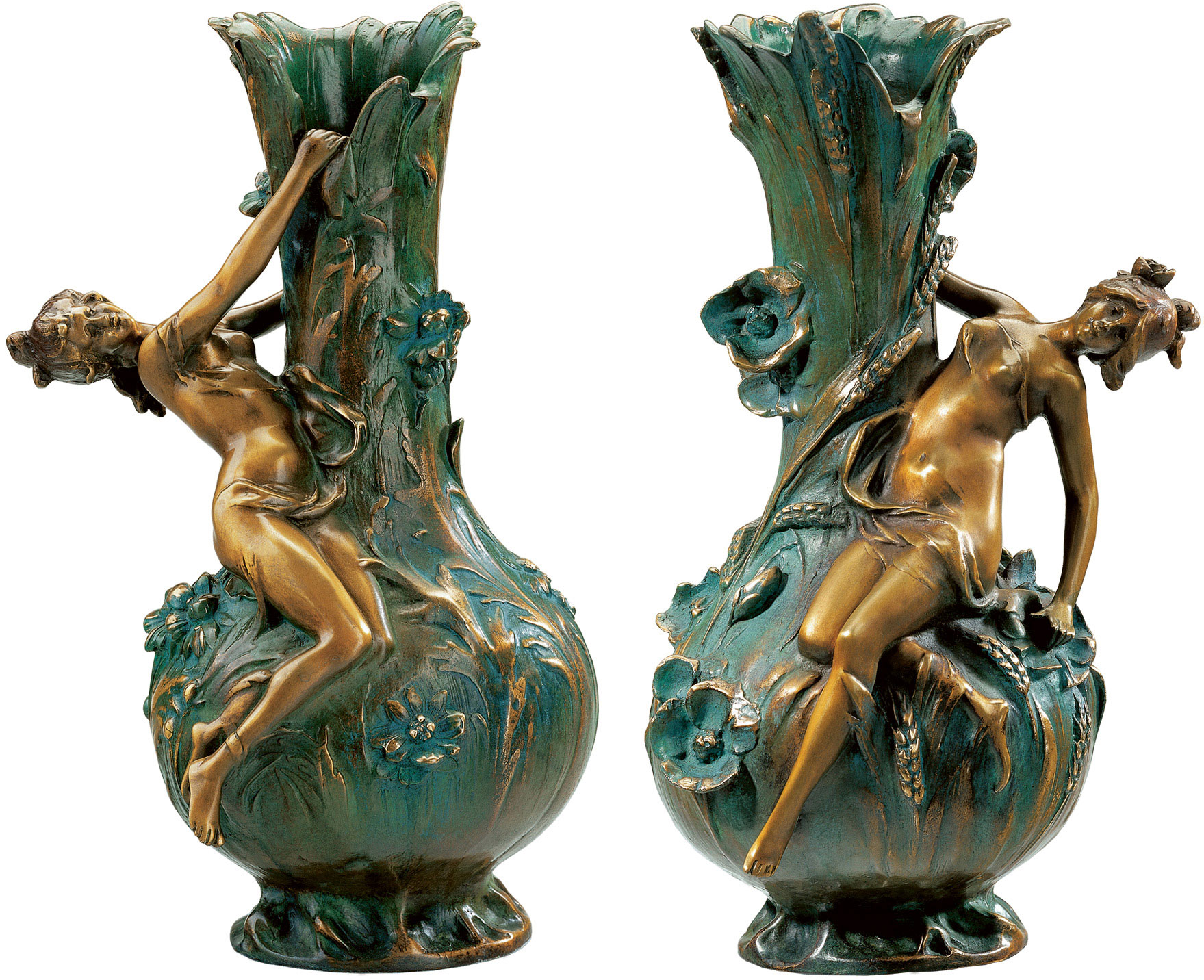 Louis Auguste Moreau: Vasen ‚Maguerites‘ und ‚Coquelicot‘ im Set , Version in Kunstbronze, Skulptur