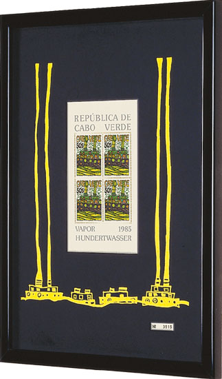 Friedensreich Hundertwasser: Bild ‚Vapor – Der Dampfer von Kap Verde‘. Sonderausgabe mit 4 Briefmarken à 50 Escudos, gelb